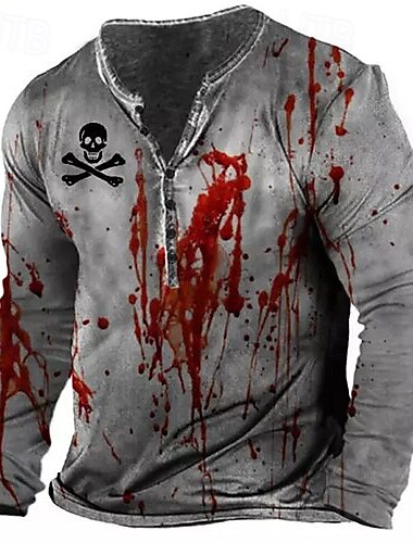  Pánské Halloween Grafika Krevní skvrny Tričko Tričko Henley Trička Dlouhý rukáv Vinobraní Designové stylové Venkovní Ležérní Denní Jaro Podzim Jaro léto Šedá Henley Tričko Henley