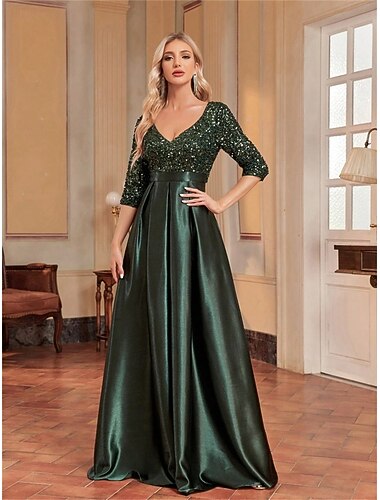  A-vonalú quinceanera ruhák elegáns ruha formális esküvő földig érő hosszú ujjú V nyakú poliészter flitterekkel