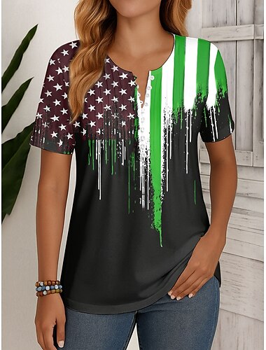  T Shirt Patriotico da Donna Grafica Bandiera Vintage Elegante Classico Maniche Corte Collo Rotondo Top Regolari Quotidiano Weekend Moda Mare Bottoni Stampa Rossa Blu Verde