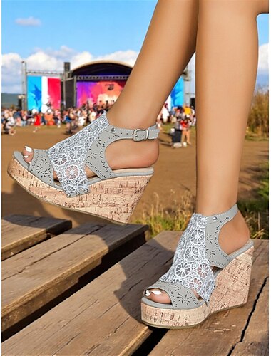  Graue Keilsandaletten für Damen mit Cut-out-Spitzendesign und Kork-Plateau – Sommerschuhe im Boho-Stil für Festivals, Partys im Freien und die Freizeit