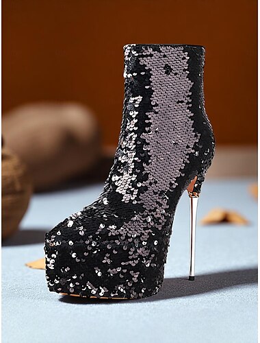  Damen-Plateaustiefel mit Stilettoabsatz und Paillettenbesatz und Reißverschluss für das Nachtleben und Partyveranstaltungen