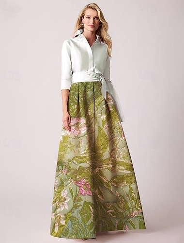  grünes Jacquard-Brokat-Blumen-A-Linien-Abendkleid, elegantes Kleid für formelle Hochzeitsgäste, bodenlang, langärmliges Hemd, Kragentasche, Nylon mit Blumendruck, Schleife(n), Schlitz 2025