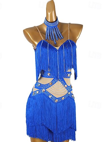  Latin Dance Kleid Strass Quaste Damen Performance Salsa Tanzkleidung ärmellos Rumba Chacha Party Bühnentanzbekleidung