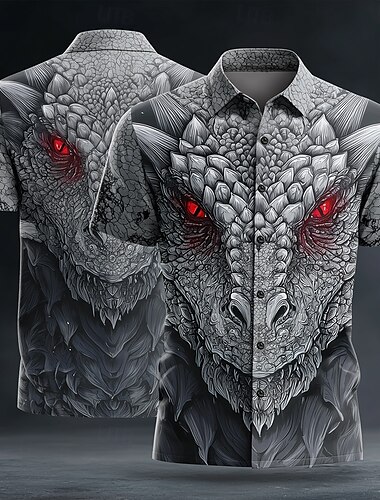  男性用 動物 ドラゴン 3D シャツ サマーシャツ ボタンアップシャツ 半袖 ダークゴシックスタイル 祝日 ストリートウェア 夏 春 折襟 3Dプリント 襟付きシャツ ブラック