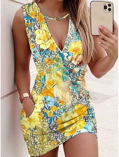  Damen Minikleid Etui-Kleid Wickelkleid Sommerkleid Lässig Täglich Normale Passform Blumen Grafik Ärmellos V Ausschnitt Gelb Rosa Rote Blau Sommer