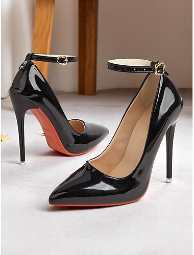  Escarpins à talons aiguilles en cuir verni noir pour femme avec bride à la cheville - talons hauts à bout pointu sexy pour les soirées et les tenues de club
