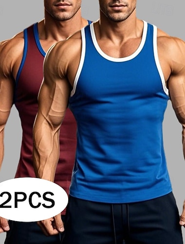  Herr Linne Väst Undertröjor Ärmlös tröja Ärmlös Rund hals Sommar Ensfärgat Slät Träning Färgblock Flerpack 2 förpackningar Gata Ledigt Sport Blå+Ljusblått Armégrön + grå Svart+Grå Topp t-shirt för män