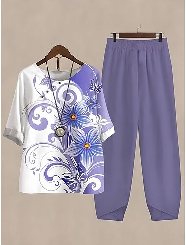  Women's Basic Shirt Pants Sets Half Sleeve Round Neck Floral Graphic Plant Print Outdoor Casual Daily Pink Blue Purple Summer Regular Fit