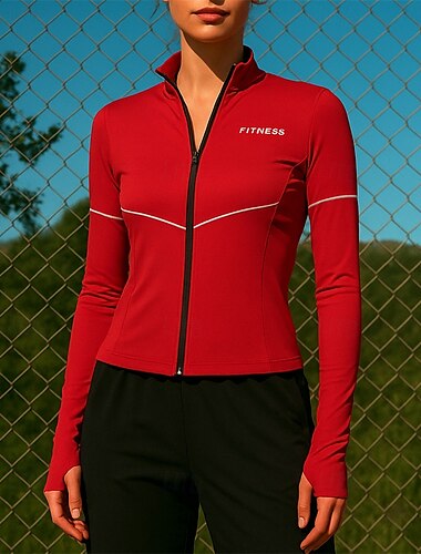  Mujer Chaqueta para correr Chaqueta para exteriores Full Zip Manga Larga Abrigos Deportivo Protección Solar Ligero Transpirable Corriendo Ropa de deporte Ropa de Deporte Color sólido Rojo