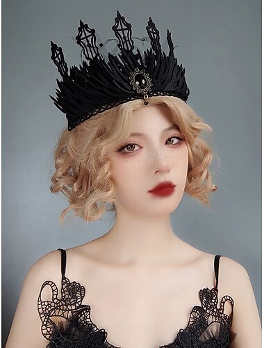  Gothic-Kronen-Stirnband aus schwarzer Spitze für Damen mit Edelsteinanhänger, Tiara für Halloween-Partys, Kostüm-Accessoire im Vintage-Stil für Erwachsene
