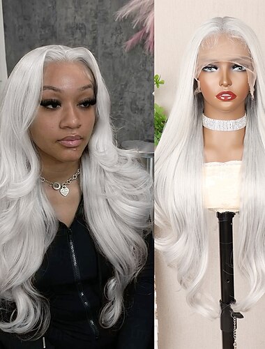  Synthetische Spitzenperücke Bodywave Stil 30 Zoll Grau Mittelscheitel 13x6 Spitzenfront Perücke Damen Perücke Cremig-weiß
