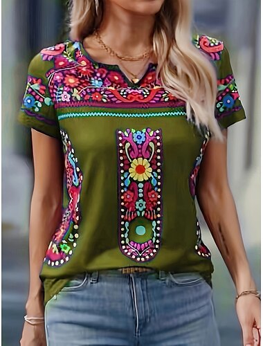  Damen T Shirt Blumen Grafik Vintage Stilvoll Klassisch Kurzarm Einkerbiger Ausschnitt Normale Oberteile Täglich Wochenende Druck Schwarz Marineblau Grün Sommer Frühling