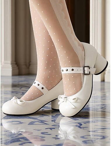  Weiße Mary-Jane-Schuhe mit Blockabsatz für Damen im Stil der 50er – Vintage-Pumps aus Kunstleder mit runder Zehenpartie und Schleifenriemen für Teepartys, Lolita und Retro-Kostüme