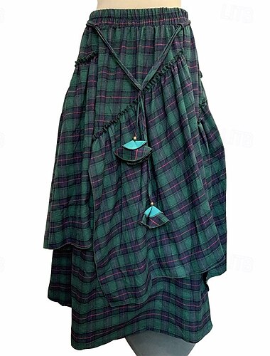  Damen Rock Lässig Maxi Mittlere Hüfthöhe Röcke Karomuster Asymmetrischer Saum Mikroelastisch Urlaub Straße Grün Herbst Polyester