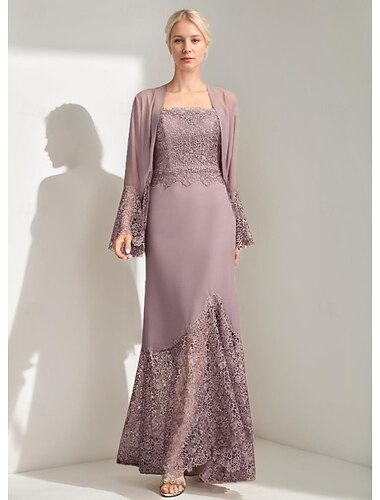  A-lijn 3-delige moeder van de bruid jurk elegant eenvoudig casual vierkante hals vloer lengte chiffon mouwloos lange mouwen kant met jasje 2025