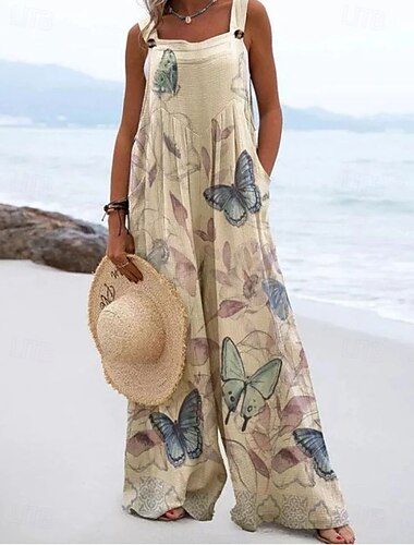  Damen Leinen-inspirierte Sets Aktiv Blumen Ärmellos Weites Bein Urlaub Heim Lässiger Schnitt Schwarz Weiß Gelb Sommer