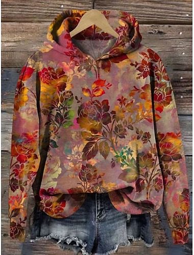  Mujer Sudadera con capucha Pullover Floral Elegante Cálido Vintage Manga Larga Con Capucha Tops regulares Calle Uso Diario Estampado Rojo Azul Piscina Verde Trébol Primavera Otoño Invierno