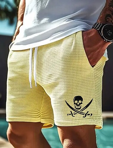  Herren Schädel Seeräuber Waffel-Shorts Sweat-Shorts Freizeitshorts Mittlere Taille Modisch lässig Urlaub Joggen Trainieren Elastischer Kordelzug in der Taille Shorts mit Taschen Designer Bekleidung