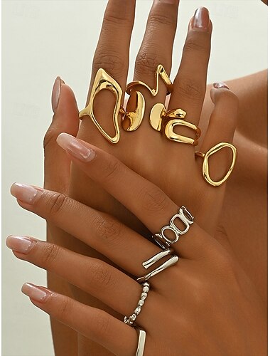  Trendiges Set aus geometrischen Ringen aus Gold und Silber für Damen – modischer, stapelbarer Statement-Schmuck für Freizeit, Party und Alltag