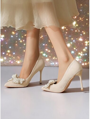  Damen Wildleder High Heels mit Schleife, spitze Stiletto-Pumps mit Perlenverzierung, elegante Partyschuhe für Cocktailveranstaltungen und formelle Anlässe