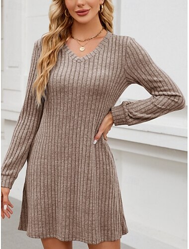  Damen Minikleid A Linie Kleid Lässig Täglich Normale Passform Einfach Langarm V Ausschnitt Wein Leicht Braun Grün Dunkelgray Winter Herbst