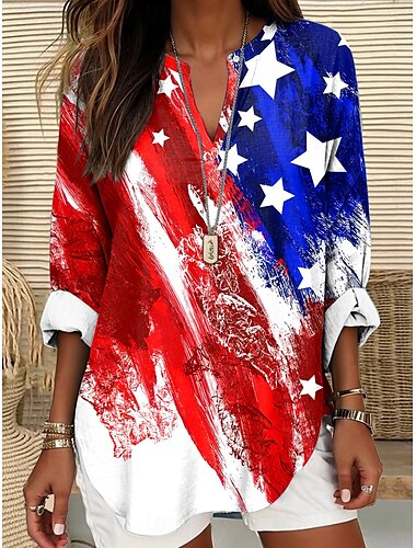 Unabhängigkeitstag Damen Patriotische Fourth of July Bluse Flagge Lässig Rot Weiß Und Blau Kurzarm V-Ausschnitt Reguläre Oberteile Täglicher Druck Rot Hellbraun Blau Sommer Frühling