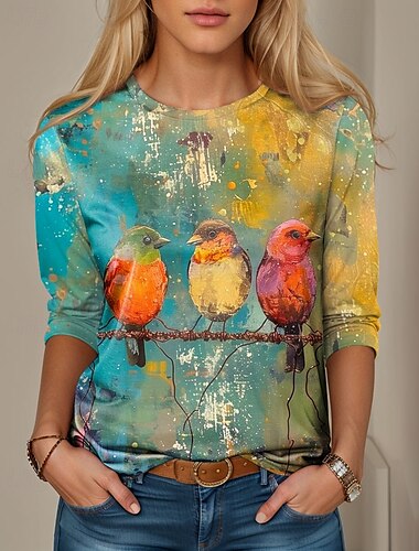  Per donna Maglietta Grafico Animale Uccello Vintage Elegante Classico Manica Lunga Girocollo Top Regolari Quotidiano Weekend Stampato Blu Verde Estate