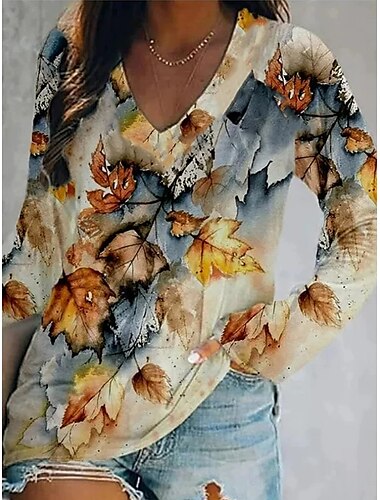  Damen T Shirt Blumen Grafik Geometrisch Vintage Western Lässig Langarm V Ausschnitt Normale Oberteile Täglich Wochenende Urlaubskleidung Druck Gelb Wein Pudriges Rosa Frühling Herbst