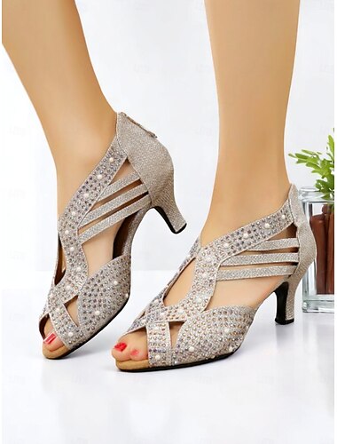  Damen-Tanzschuhe mit Strassbesatz, Peep-Toe und mittelhohem Absatz und Obermaterial aus Glitzer-Mesh für lateinamerikanische Standard- und Salsa-Auftritte
