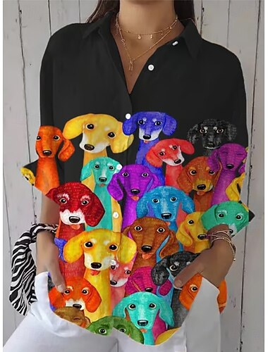  Damen Hemd Ombre Hund Aktiv Niedlich Täglich Langarm Hemdkragen Normale Oberteile Arbeit Täglich Knöpfe Druck Schwarz Weiß Rosa Blau Grün Frühling Herbst