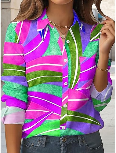  Mujer Camisa Graphic Geométrico Bloque de color Vintage Elegante Moderno Manga Larga Cuello Camisero Tops regulares Trabajo Diario Festivos Botones Bolsillo Estampado Azul Piscina Morado Naranja