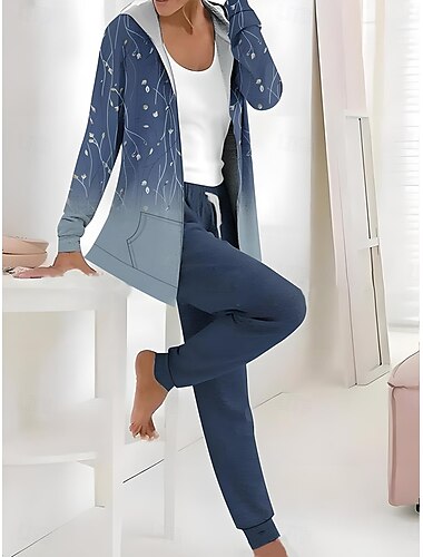  Damen Aktiv Täglich Kapuzensweatshirt Trainingsanzug Hosen-Sets Langarm Mit Kapuze Blumen Grafik Kordelzug Druck Outdoor Lässig Schwarz Dunkelmarine Leicht Braun Herbst Winter Normale Passform