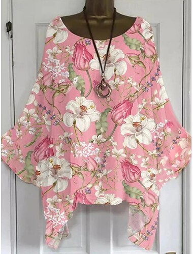  Damen Boho-Hemd Blumen Grafik Elegant Bohemien Aktiv Kurzarm Fledermaus Ärmel U-Boot-Ausschnitt Normale Oberteile Täglich Ferien Strandbekleidung Gelb Rosa Blau Khaki Beige Sommer Frühling