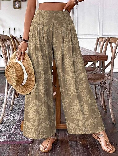  Dam Byxor Palazzo byxor Mode Boho Fullängd Hög midja Blommig Elastisk midja Bekväm Microelastisk Gata Dagliga kläder Utekväll Kaki Sommar Vår Normal