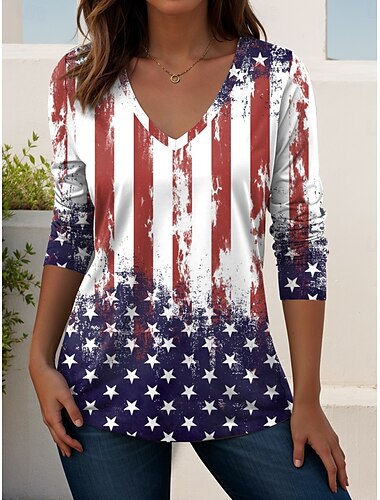  Unabhängigkeitstag Damen Patriotisches Fourth of July T-Shirt Flagge Geometrisch Elegant Vintage Mode Langarm V-Ausschnitt Regelmäßige Oberteile Alltag Wochenend Urlaub Druck Weiß Rot Blau Sommer
