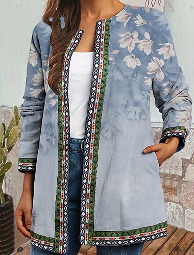  Damen Freizeitjacke Warm Bequem Tasche Mode Modern Blumen Straße Ausgehen Regulär Kragenlos Normale Passform Langarm Oberbekleidung Wein Blau Himmelblau Herbst Winter