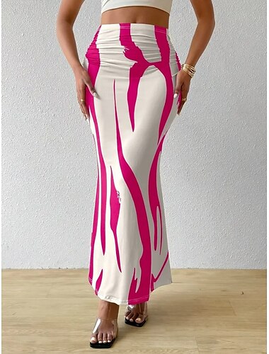  Damen Rock Figurbetont Mode Lässig Maxi Hohe Taille Röcke Blumen Druck Dehnbar Straße Täglich Blau Fuchsie Aprikose Kaffee Sommer Polyester