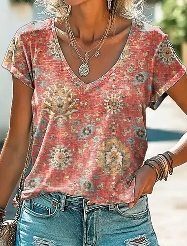  Dames T-shirt Bloemig Grafisch Paisley Vintage Stijlvol Klassiek Korte mouw V-hals Normale tops Dagelijks Afdrukken Zwart Geel Blozend Roze Rood Paars Zomer Lente