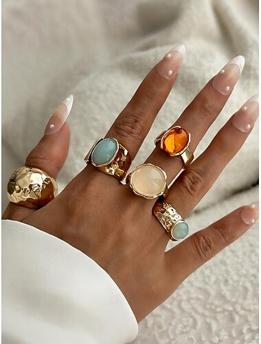  Ensemble de bagues vintage en or pour femme avec pierres précieuses - Ensemble de plusieurs bagues épaisses avec texture martelée et pierres précieuses en résine colorées, adapté au bureau, à la mode vintage, aux fêtes et au style quotidien
