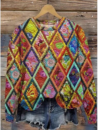  Damen Pullover Sweatshirt Blumen Grafik Geometrisch Lässig Langarm Rundhalsausschnitt Normale Oberteile Heim Straße Alltagskleidung Druck Gelb Blau Purpur Orange Braun Sommer Frühling Herbst Winter