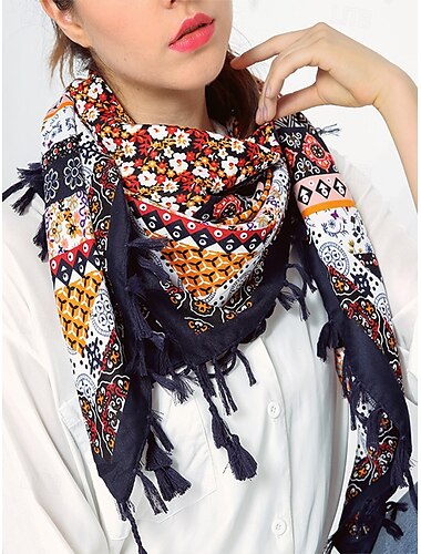  Quadratischer Boho-Schal für Damen mit Quasten – leichter Schal aus Baumwollmischung mit ethnischem Aufdruck für lässige Outfits, Reisen und Festivals