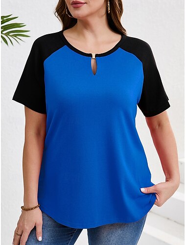  Damen Übergröße Oberteile T Shirt Einfarbig Patchwork Kurzarm V Ausschnitt Lässig Täglich Polyester Sommer Frühling Rote Blau