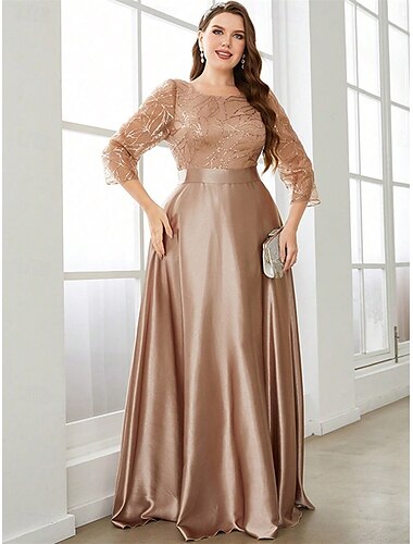  A-Linie Abendkleid Elegant Kleid Formell Hochzeit Bodenlang Dreiviertelarm Rundhalsausschnitt Satin mit Falten 2025