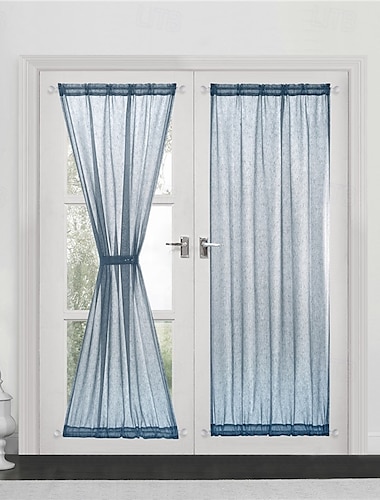  Beige French Door Curtains Faux Linen Sheer Voile Drapes Sunlight Filtering Protect Privacy Sidelight Curtains for Siding Glass Door Including Tieback