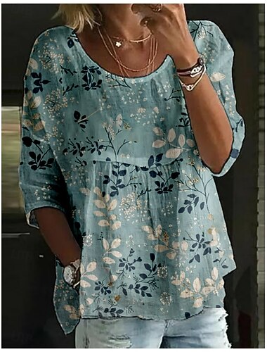  Per donna Blusa Stampato Floreale Elegante Manica 3/4 Girocollo Top Regolari Quotidiano Ferie Bianco Blu marino Azzurro cielo Cachi Estate