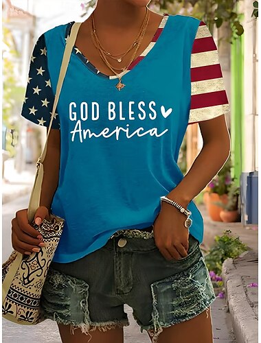 Unabhängigkeitstag Damen Patriotisches T-Shirt Vierter Juli Grafik Amerikanische Flagge Vintage Stylisch Klassisch Kurzarm V-Ausschnitt Reguläre Oberteile Täglicher Wochenenddruck Schwarz Blau Grün