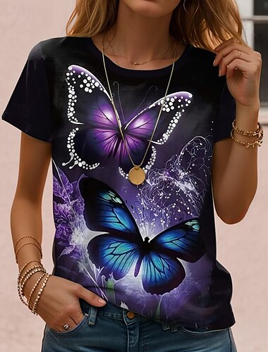 Damen T Shirt Blumen Grafik Schmetterling Vintage Stilvoll Klassisch Kurzarm Rundhalsausschnitt Rundhals Normale Oberteile Täglich Druck Schwarz Weiß Hellgrün Rosa Blau Sommer Frühling