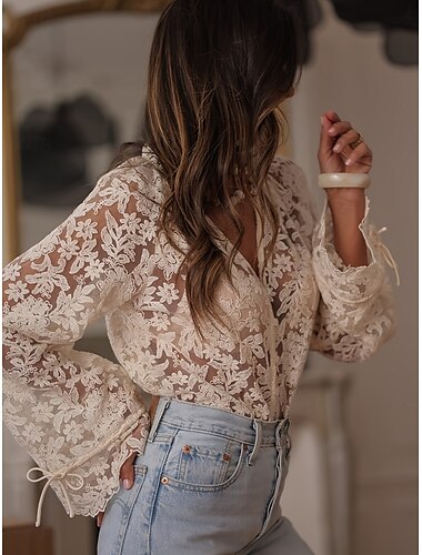  Damen Oberteil mit Spitzenspleiß Einfarbig Stilvoll Lässig Langarm V Ausschnitt Normale Oberteile Täglich Spitze Patchwork Beige Sommer Frühling