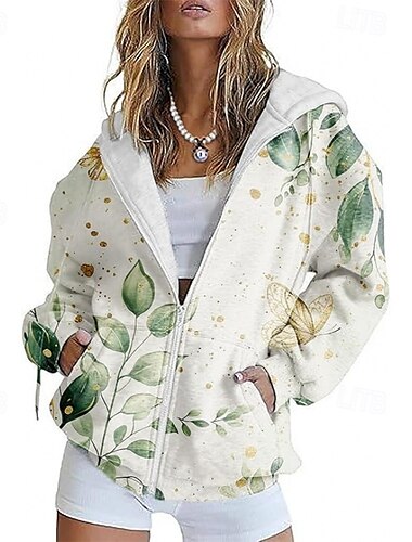  Dames Vrijetijdsjas Comfortabel Zak Afdrukken Sport Modieus Buiten Bloem Casual / Dagelijks Weekend Rits Normaal Capuchon Normale pasvorm Lange mouw bovenkleding blauw Groen Donkergrijs Lente Herfst