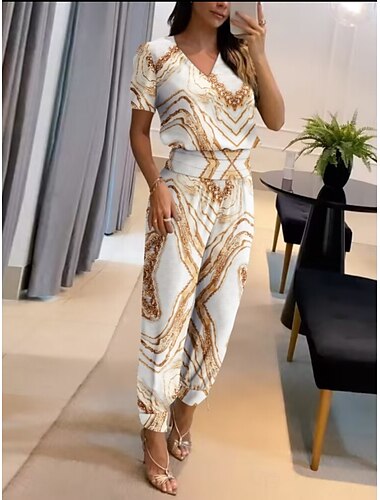  Damen Mode Streetwear Täglich Hosen-Sets Kurzarm V Ausschnitt Grafik Druck Lässig Täglich Marineblau Blau Gold Sommer Normale Passform